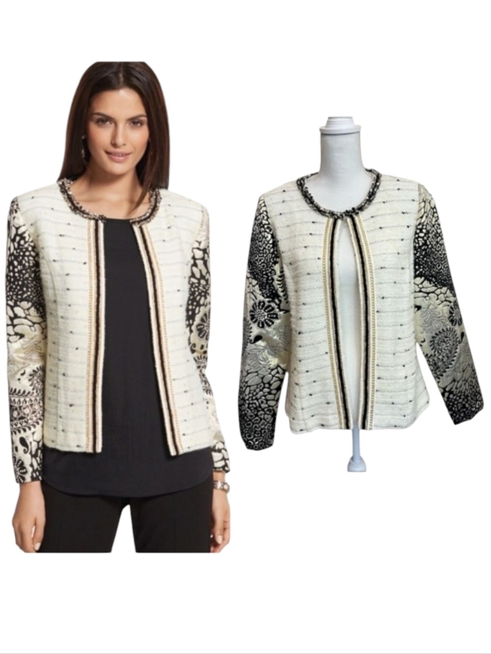 Chicos Versailles Sleeve Pattern Jacket - Wool Blend - Size Medium (8).
